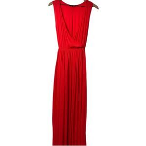 OLIVACEOUS RED ORANGE WOMEN LONG MAXI V-NECK DRESS SIZE MEDIUM POLYESTER